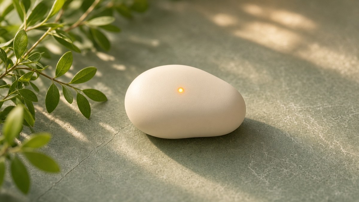 Photo of a small cream pebble-shaped wearable with a glowing amber light on sage-green stone, representing Amazon Bee's Frontier personal AI device