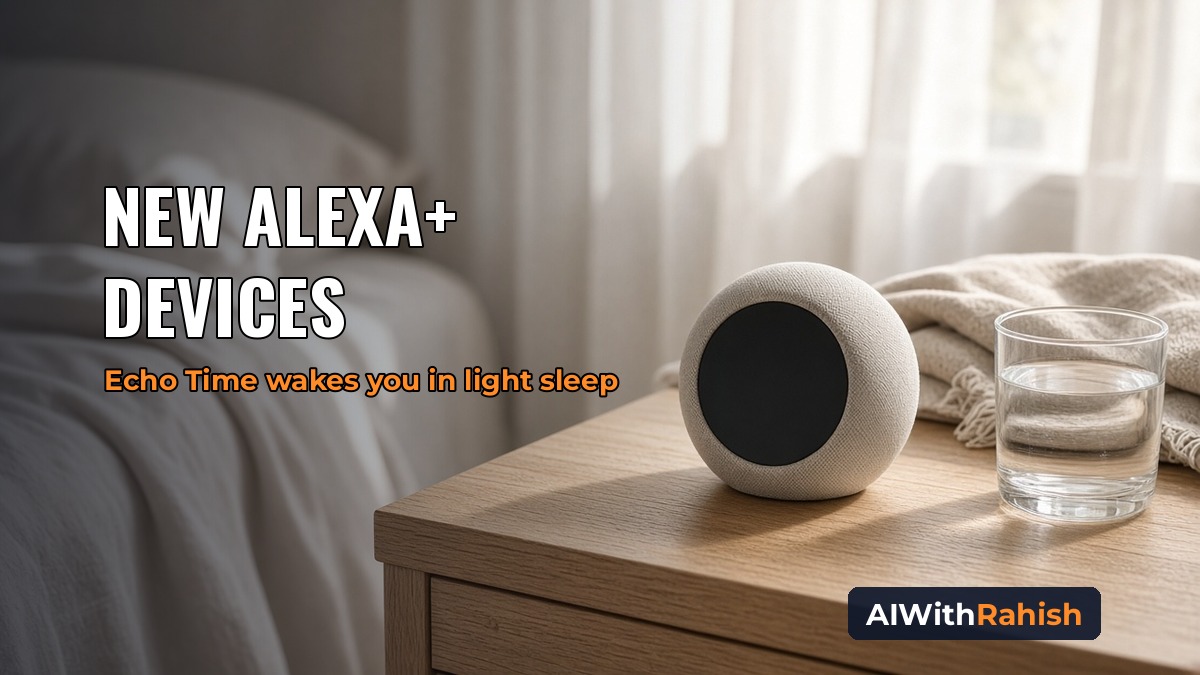 Daylit close-up of a round fabric smart alarm clock speaker on a light oak bedside table beside a glass of water and a linen throw, with the headline NEW ALEXA+ DEVICES, an orange subline Echo Time wakes you in light sleep, and an AIWithRahish badge in the bottom-right corner