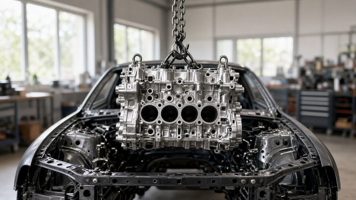 Polished aluminium engine block hanging from a steel hoist chain above an open car engine bay in a clean, softly lit workshop