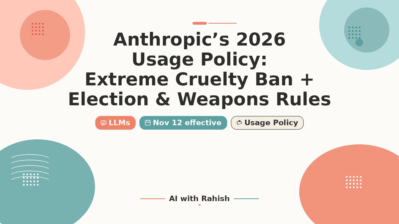 Cover: Anthropic 2026 Usage Policy with extreme cruelty ban, election and weapons rules, effective Nov 12 — AI with Rahish