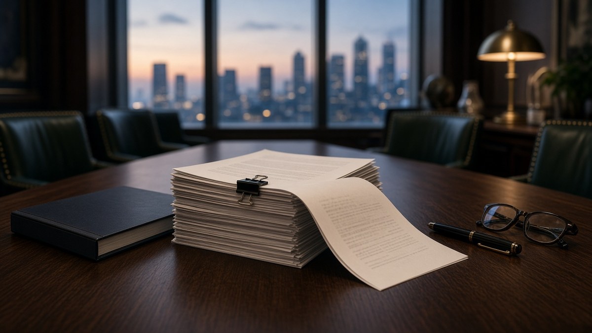 Stack of printed financial document pages held by a black binder clip on a walnut boardroom table, beside a closed notebook, a pen and reading glasses, with a city skyline at dusk behind