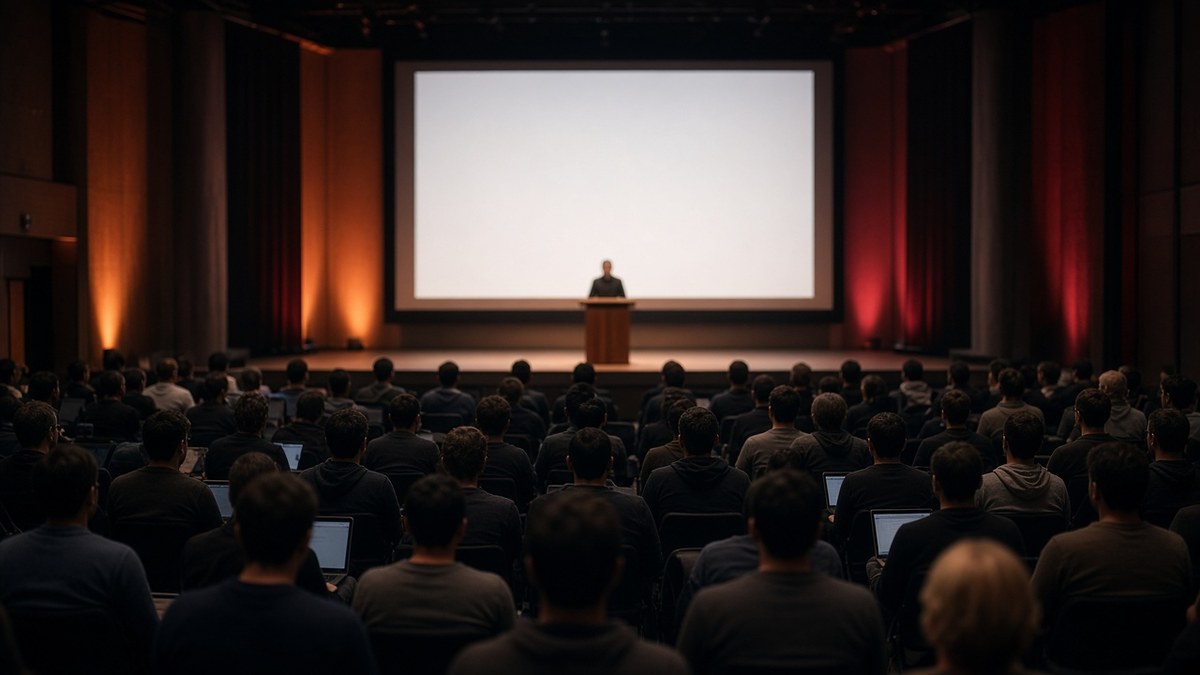 A packed developer conference audience seen from behind, many with open laptops, facing a speaker at a wooden lectern below a large blank screen under amber and burgundy stage lights.