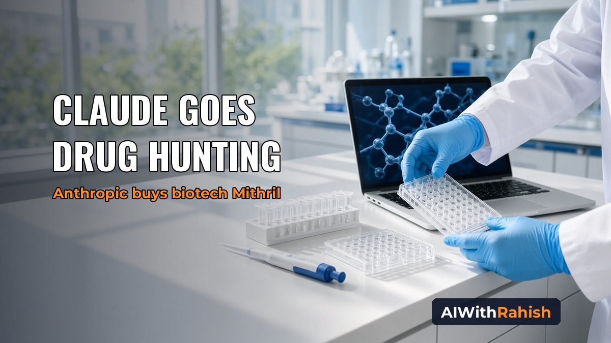 A sunlit biotech lab with gloved hands holding a multi-well plate beside a laptop showing a molecular structure, a rack of sample tubes and a pipette on a white bench by large windows, with the headline CLAUDE GOES DRUG HUNTING, the orange subline Anthropic buys biotech Mithril, and an AIWithRahish badge in the bottom-right corner