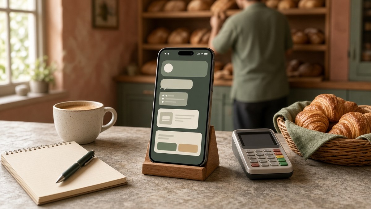An unbranded smartphone in a wooden stand on a bakery counter showing an AI assistant app with message and approval cards, beside a notepad and pen, coffee cup, card reader and croissants, as a baker stocks bread shelves behind