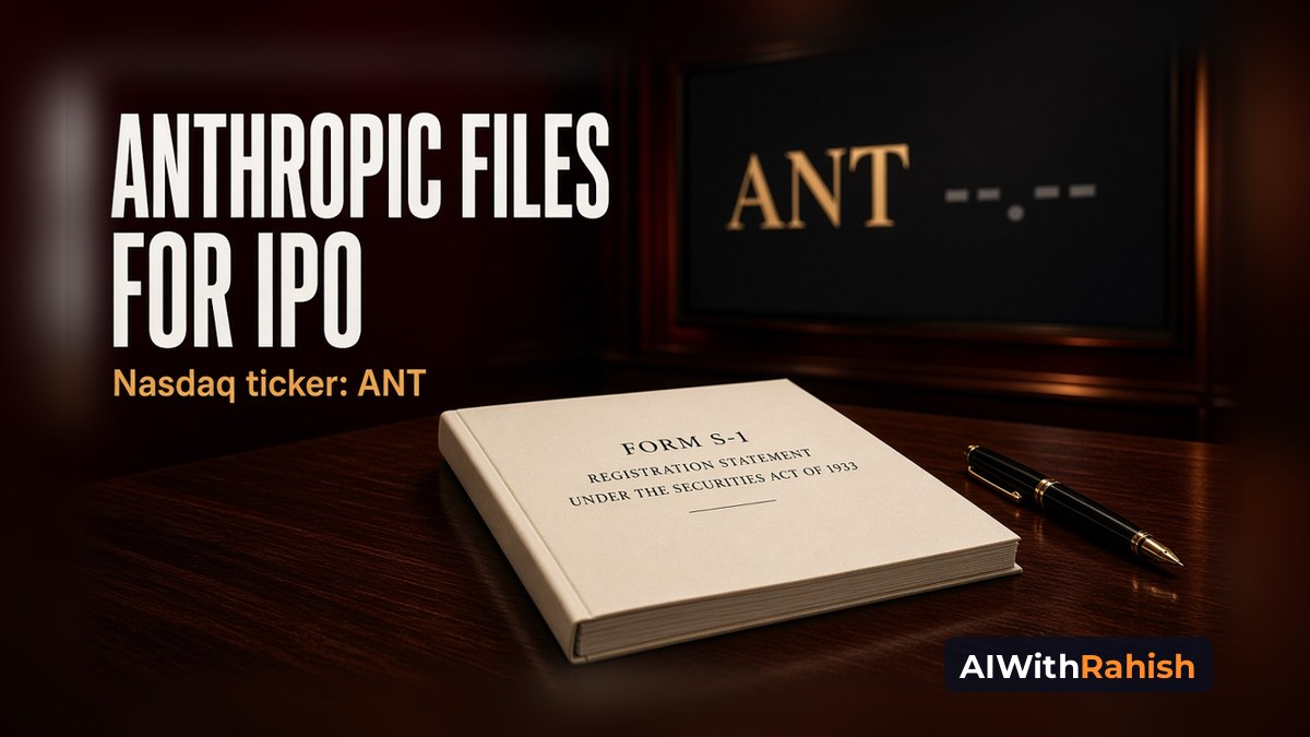 Bound Form S-1 registration statement and a fountain pen on a dark walnut boardroom table, with a screen behind showing ANT, headline text ANTHROPIC FILES FOR IPO, gold subline Nasdaq ticker: ANT, and an AIWithRahish badge in the bottom-right corner