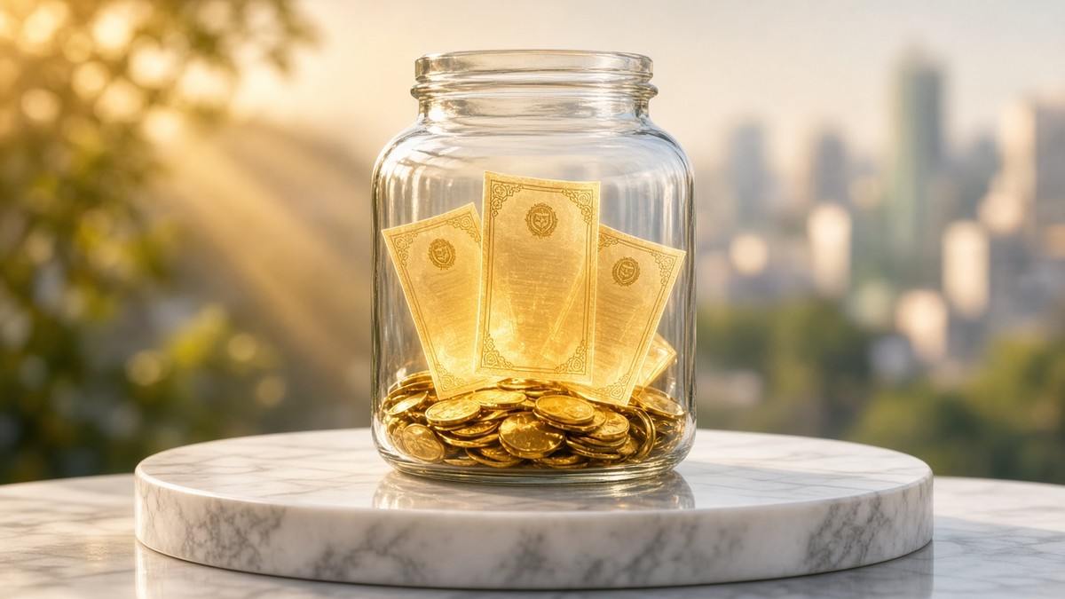Glass jar filled with glowing golden share certificates and gold coins on a white marble pedestal, warm sunbeam and soft sage-green city bokeh in the background
