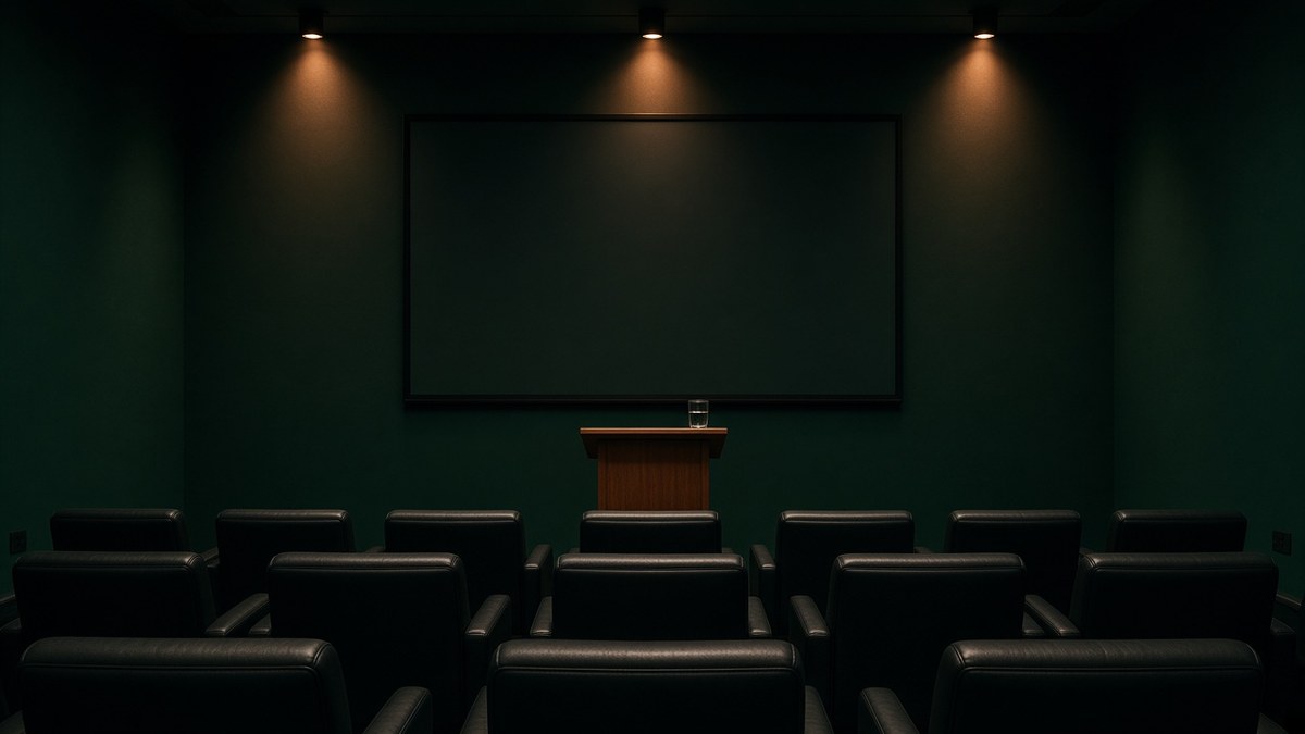 Photo of an empty investor briefing room with leather chairs facing a dark screen and a lectern, representing Anthropic's reported Q3 revenue ahead of an IPO
