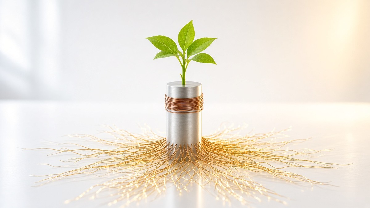 A small green plant growing from a metal cylinder wrapped in copper wire, with golden circuit-like roots on a white surface — cover for Anthropic Scion replacing git at agent-scale merge volume