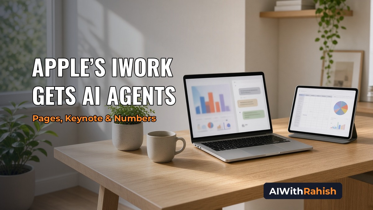 A sunlit home office with a laptop showing a bar-chart slide beside an assistant chat panel and a tablet showing a spreadsheet with a pie chart on a light oak desk with a mug and a potted plant, with the headline APPLE'S IWORK GETS AI AGENTS, the orange subline Pages, Keynote & Numbers, and an AIWithRahish badge in the bottom-right corner