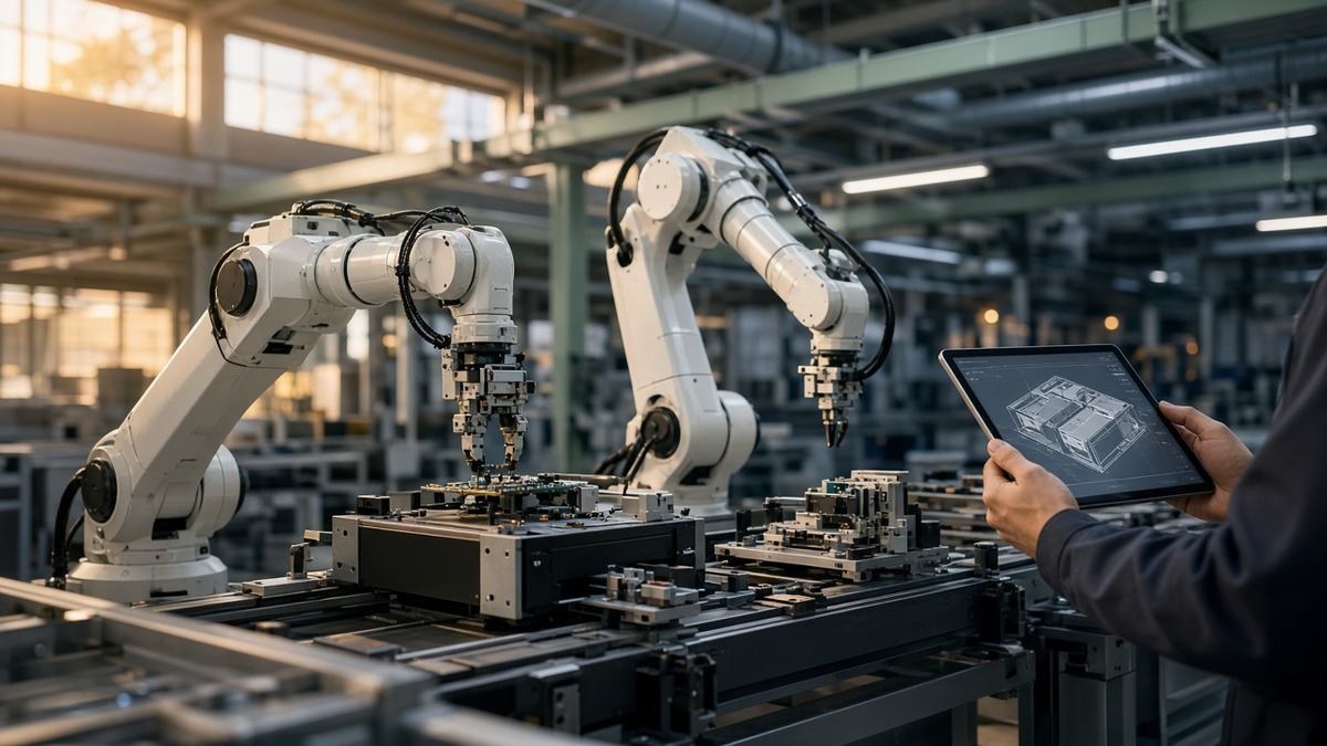 White industrial robotic arms at work on a factory assembly line, one gripping a circuit board, as an engineer's hands hold a tablet showing a 3D CAD model of an assembly