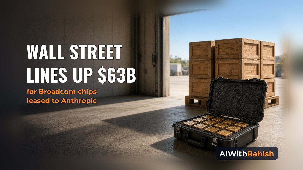 An open black hard case of unbranded gold-and-black AI accelerator chips on a sunlit loading dock beside stacked wooden shipping crates, with the headline "WALL STREET LINES UP $63B", an orange subline "for Broadcom chips leased to Anthropic" and an AIWithRahish badge in the bottom-right corner