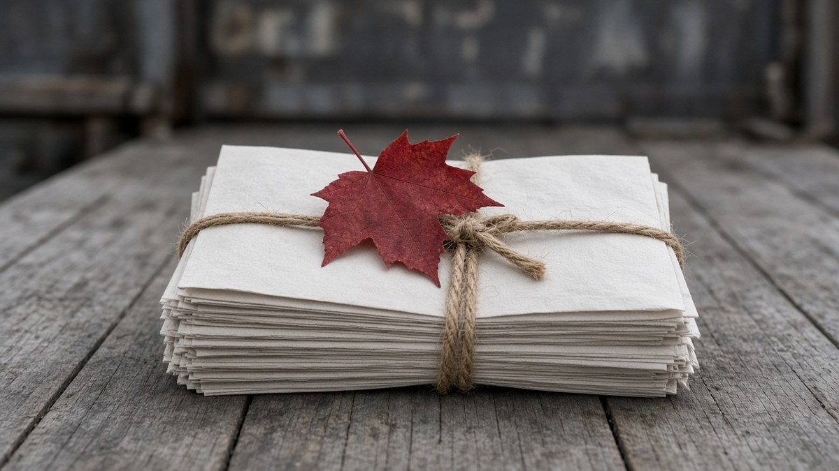 Bundle of folded blank newsprint tied with jute twine on a weathered wooden loading dock, a single red maple leaf resting on top