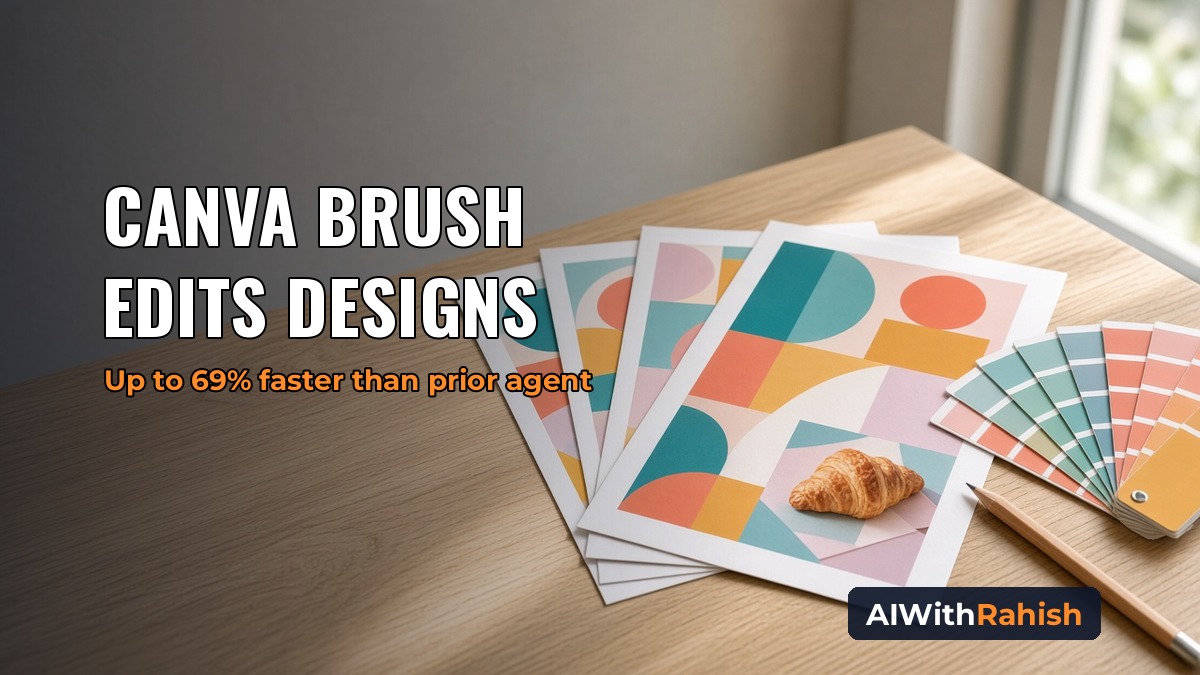 Printed poster proofs with colourful geometric layouts and a croissant photo fanned out on a light oak desk in daylight beside a colour swatch fan and a pencil, with the headline CANVA BRUSH EDITS DESIGNS, the orange subline Up to 69% faster than prior agent, and an AIWithRahish badge in the bottom-right corner
