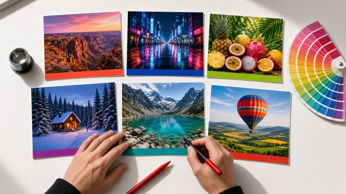 Overhead view of a designer's hands marking six printed AI-generated image proofs on a white worktable, beside a loupe and a colour swatch fan.