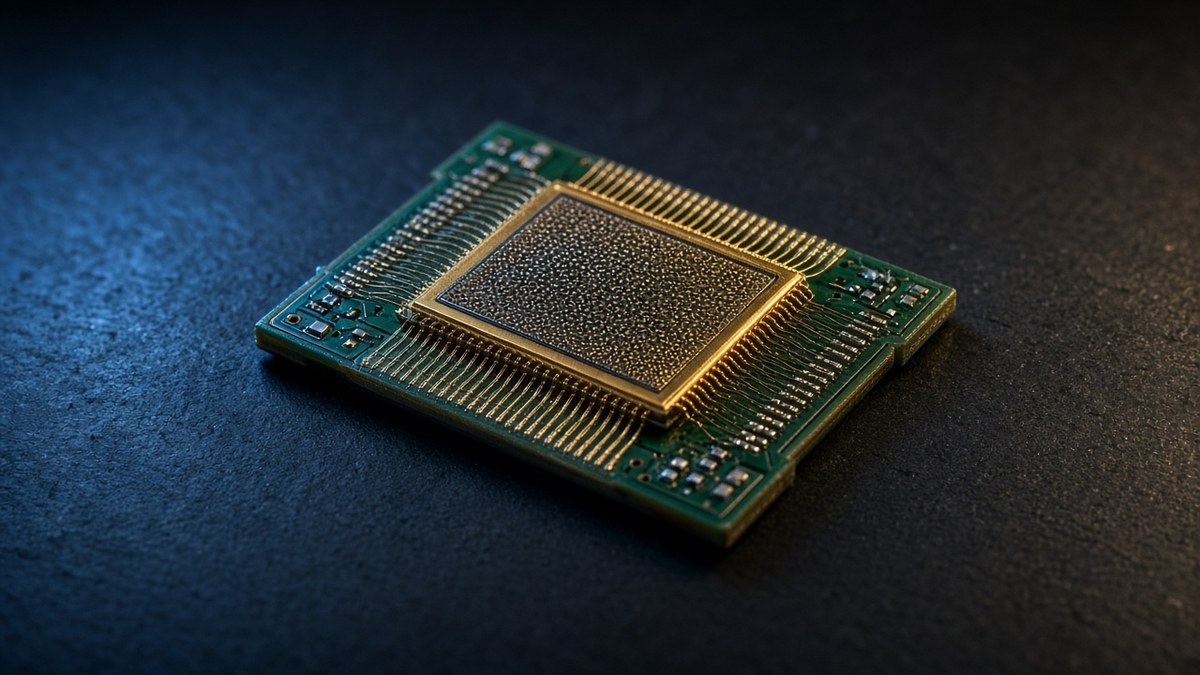 Macro photo of a gold wire-bonded silicon pixel-detector tile on a green circuit board under cool blue light