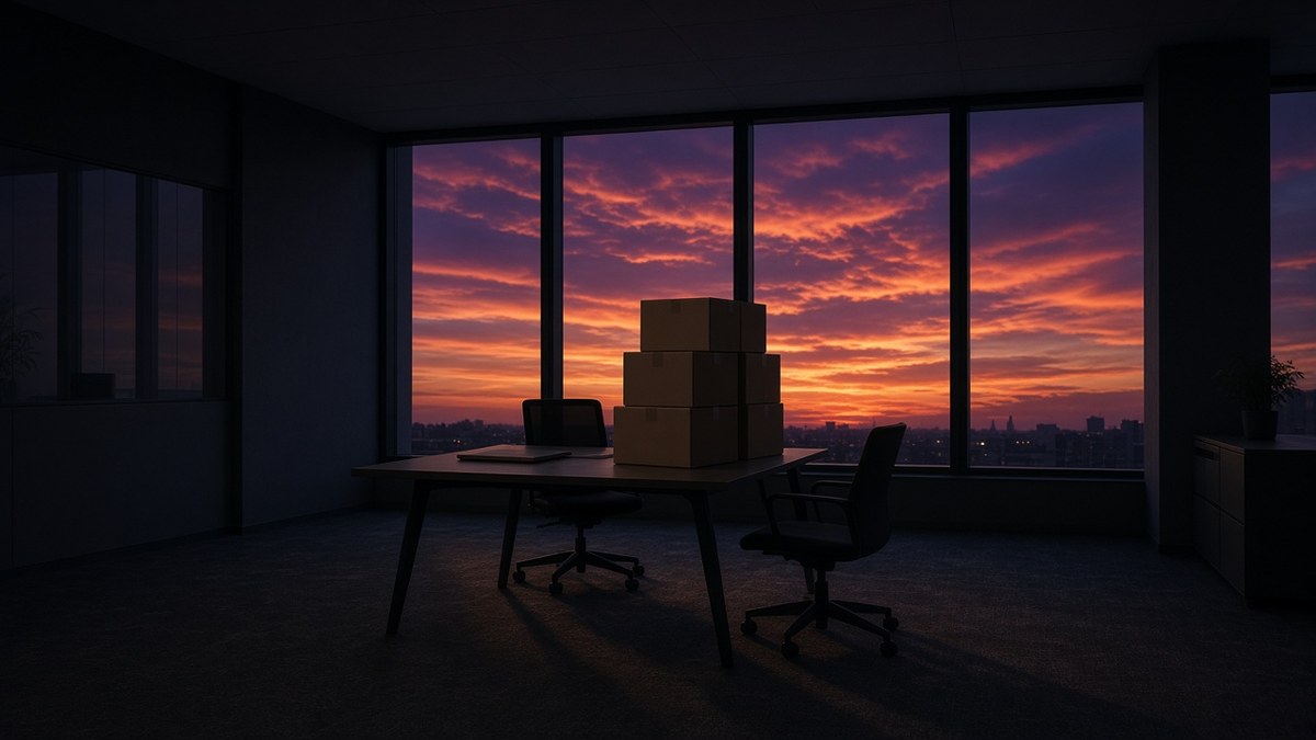 Photo of an emptied startup office at dusk with a closed laptop and stacked moving boxes on a desk, representing Character.AI's Chapter 11 filing