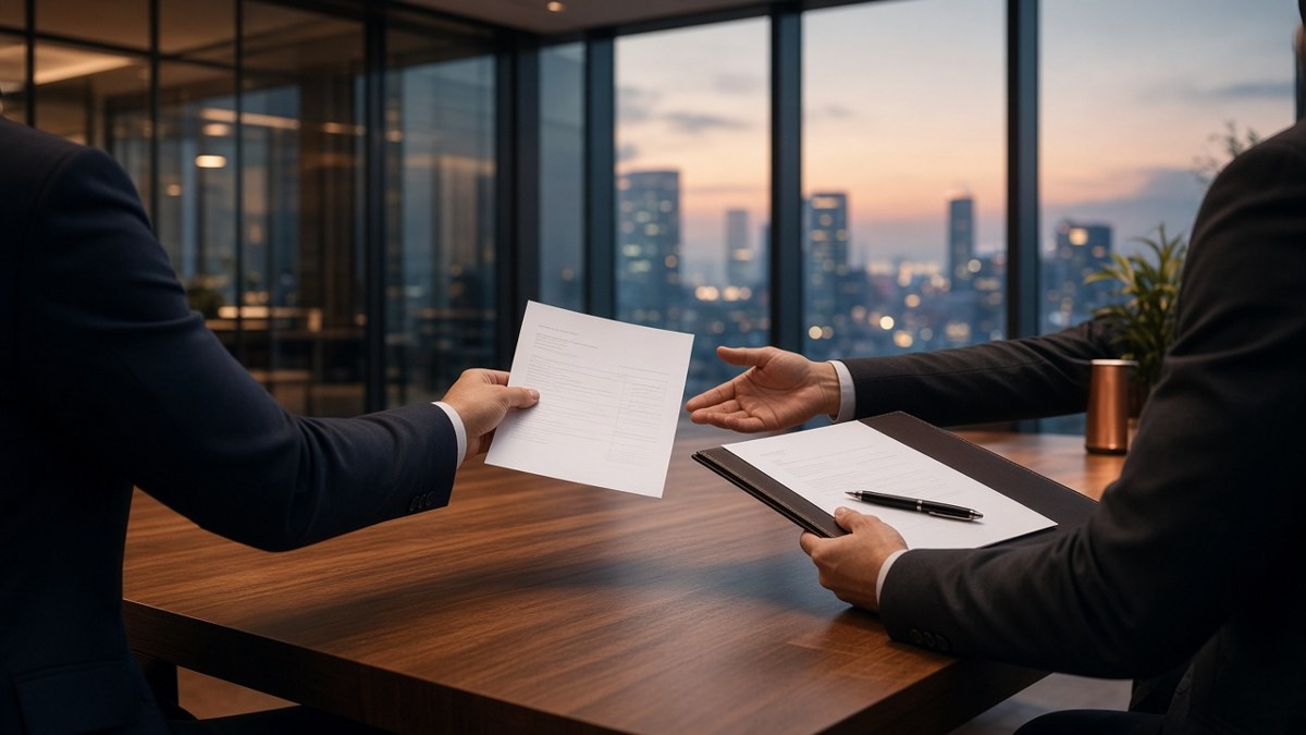 Two people in dark suits, seen from behind, pass a printed invoice and a contract folder with a pen across a walnut conference table in front of a city skyline at dusk.