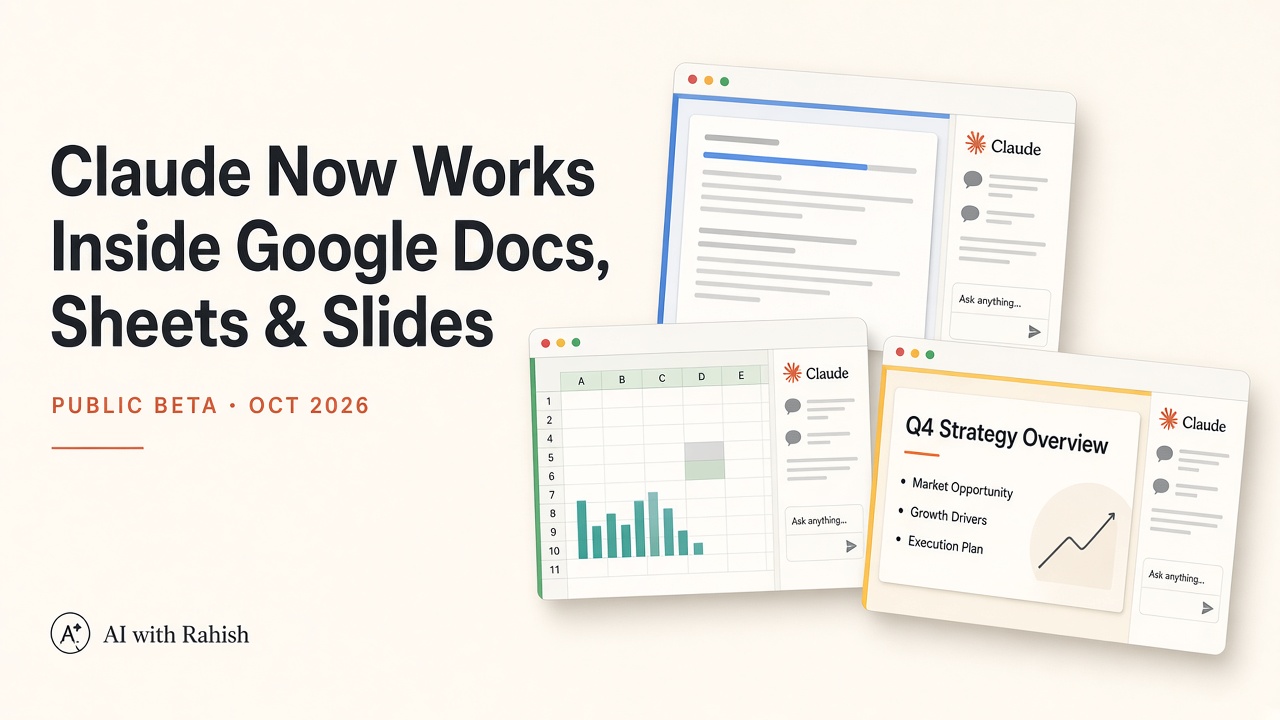 Claude Now Works Inside Google Docs, Sheets and Slides — cover illustration showing Claude sidebar in Google Workspace apps for AI with Rahish