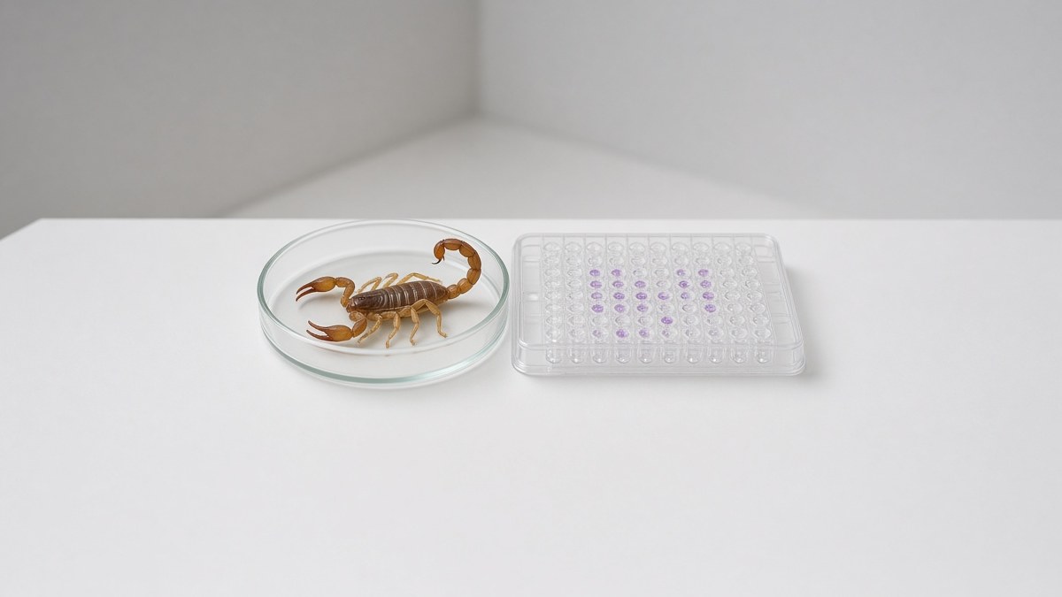 Amber scorpion in a glass petri dish beside a clear multiwell plate with pale violet samples on a white lab bench
