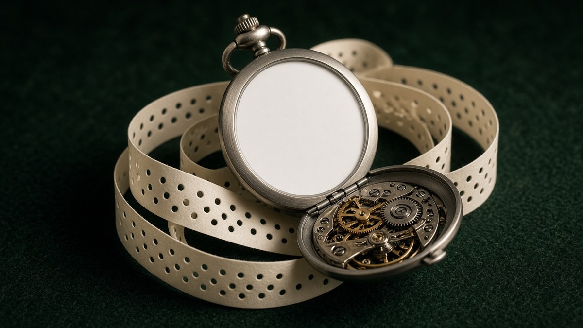 Steel pocket watch with a plain white dial and open case back showing gears, resting on a coil of blank punched paper tape on dark green baize