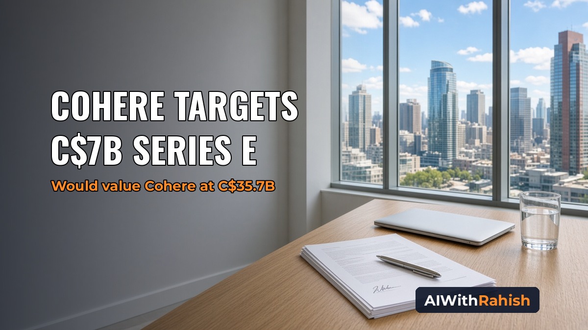 A light oak boardroom desk in bright daylight with a signed term sheet and silver pen, a closed laptop and a glass of water beside tall windows overlooking a sunny city skyline, with the headline COHERE TARGETS C$7B SERIES E, the orange subline Would value Cohere at C$35.7B, and an AIWithRahish badge in the bottom-right corner