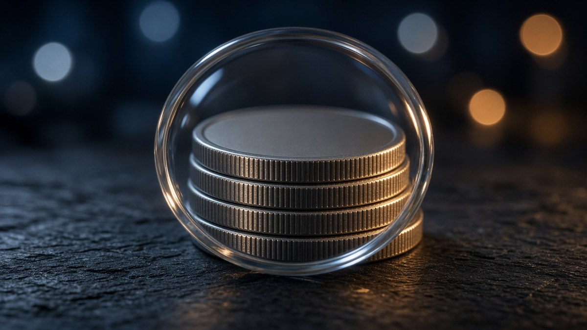 Clear glass lens on a dark slate desk enlarging the reeded edges of a short stack of plain silver coins, with soft blue and amber bokeh behind