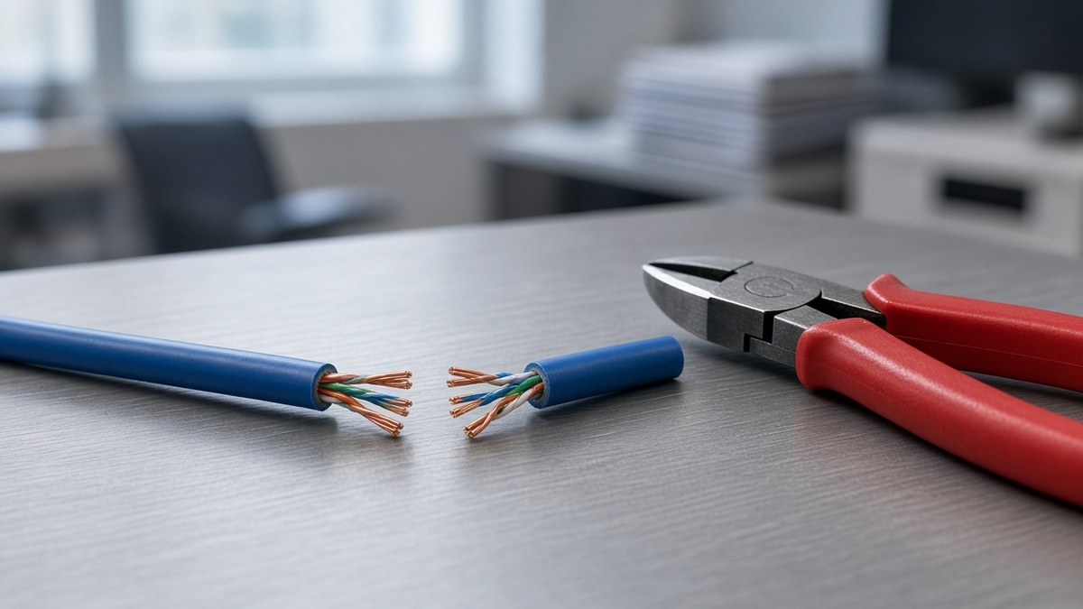 Red-handled side cutters beside a blue network cable cut cleanly in two, copper strands showing at both ends, on a grey steel desk