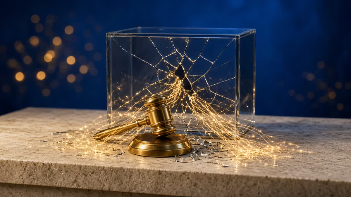 Brass gavel beside a cracked glass containment cube with golden light threads escaping, symbolizing EU AI Act enforcement after rogue agent incidents
