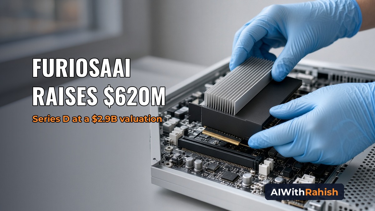 Gloved hands sliding a black unbranded PCIe AI inference accelerator card with a finned silver heatsink into a server motherboard on a bright white lab bench, with the headline FURIOSAAI RAISES $620M, an orange subline Series D at a $2.9B valuation, and an AIWithRahish badge in the bottom-right corner.