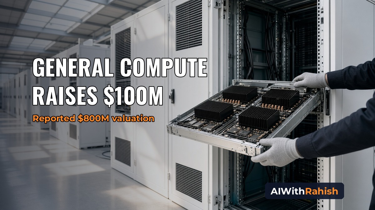 A sunlit data center hall with gloved hands sliding an unbranded AI accelerator server tray with black heat sinks into an open white server rack beside rows of white racks under skylights, with the headline GENERAL COMPUTE RAISES $100M, the orange subline Reported $800M valuation, and an AIWithRahish badge in the bottom-right corner