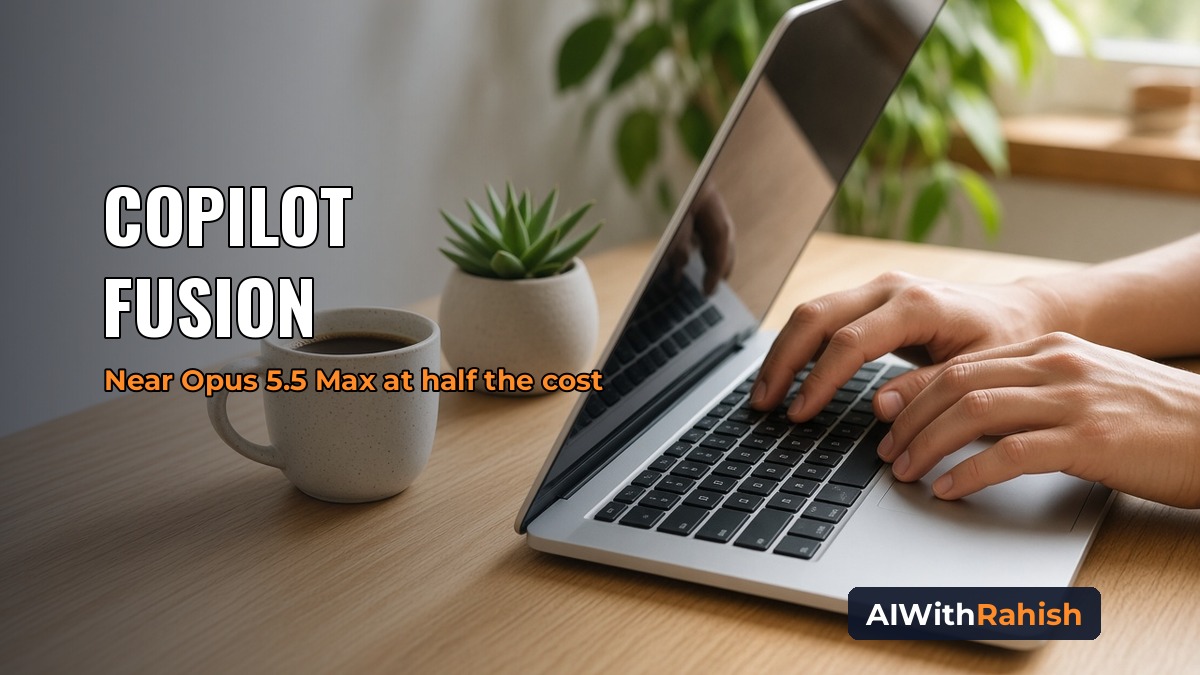 Daylit close-up of a developer's hands typing on a silver laptop on a light oak desk beside a coffee mug and a succulent, with the headline COPILOT FUSION, an orange subline Near Opus 5.5 Max at half the cost, and an AIWithRahish badge in the bottom-right corner