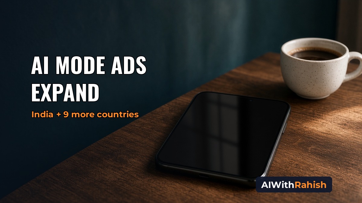 A smartphone with a dark, switched-off screen lying on a walnut cafe table in warm daylight beside a coffee cup, with the headline AI MODE ADS EXPAND, the orange subline India + 9 more countries, and an AIWithRahish badge in the bottom-right corner