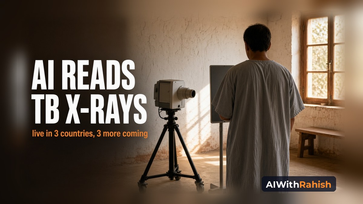 Anonymous patient seen from behind standing at a portable digital X-ray detector beside a tripod X-ray unit in a sunlit rural clinic, with the white headline AI READS TB X-RAYS, an orange subline live in 3 countries, 3 more coming, and an AIWithRahish badge
