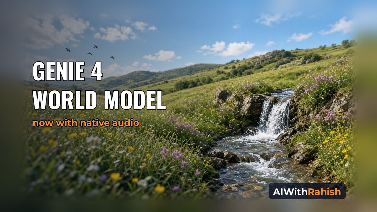A sunlit wildflower meadow with a small waterfall spilling over rocks into a clear stream, green hills and birds under a blue sky, with the headline GENIE 4 WORLD MODEL, the orange subline now with native audio, and an AIWithRahish badge in the bottom-right corner