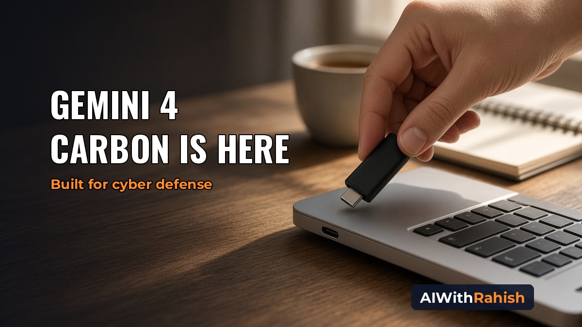 Close-up of a hand plugging a hardware security key into a silver laptop on a sunlit wooden desk, the headline GEMINI 4 CARBON IS HERE with the orange subline Built for cyber defense, and an AIWithRahish badge in the bottom-right corner