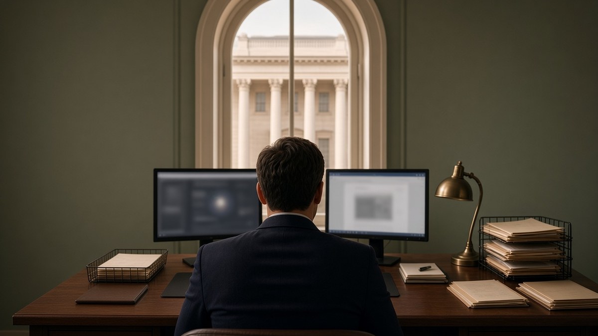 Civil servant seen from behind at a walnut desk with two monitors showing blurred screens, a wire tray of paper forms on each side, a brass desk lamp, sage-green walls and an arched window onto neoclassical government columns