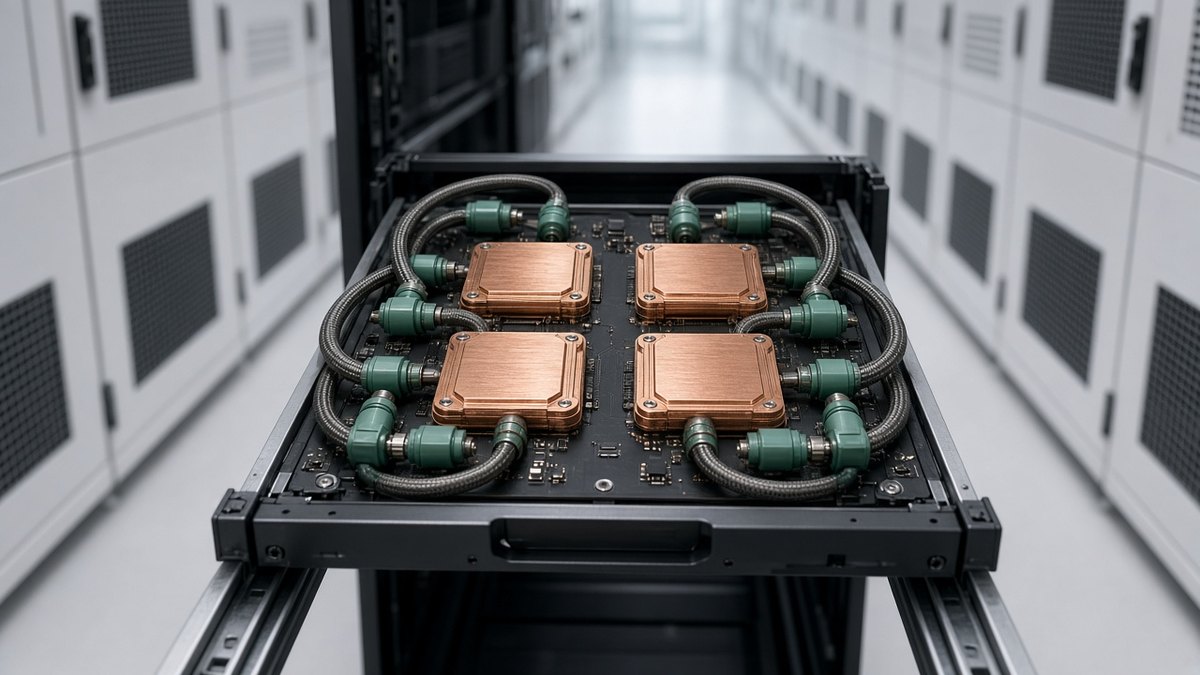 Open data-centre server tray with four copper liquid-cooled AI accelerator chips and braided coolant hoses with green fittings, white server racks behind