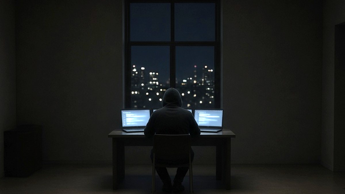 Hooded figure seen from behind working at laptops on a desk in front of a window with night city lights in a dark room
