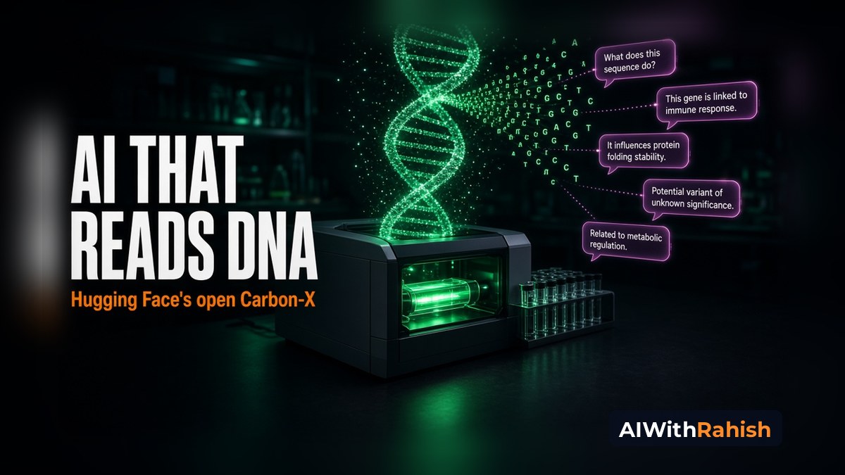 Glowing green AI hologram of a DNA double helix rising from a benchtop DNA sequencer, its A, C, G, T letters turning into chat bubbles, with the white headline AI THAT READS DNA, an orange subline Hugging Face's open Carbon-X, and an AIWithRahish badge