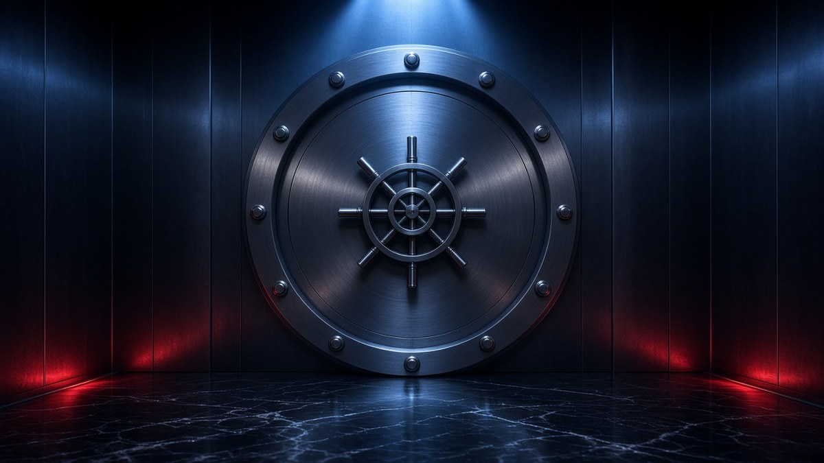 Closed steel bank vault door on a reflective dark marble floor