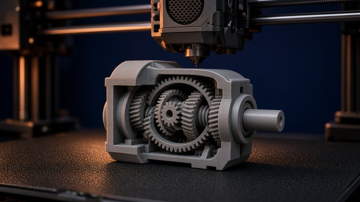 A matte-grey 3D-printed gearbox model with a cutaway housing showing its gears sits on the build plate of a desktop 3D printer, the print head parked above it.