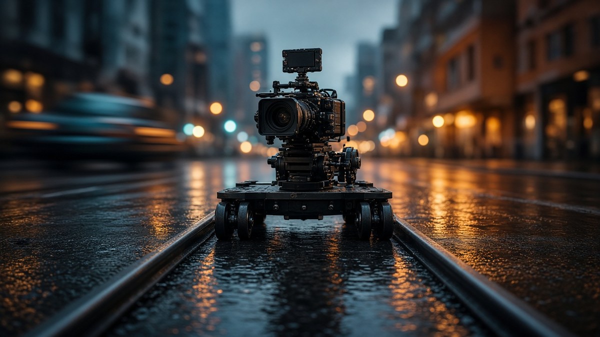 Cinema camera dolly on wet steel track at dusk, with blurred city lights and motion streaks behind it