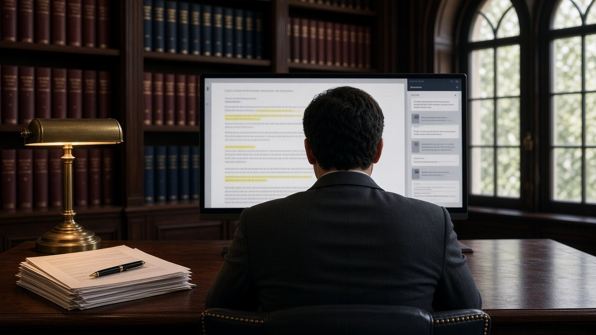 A lawyer seen from behind at a mahogany desk in a law library, reviewing a contract with highlighted clauses on a monitor beside a brass lamp and a stack of documents