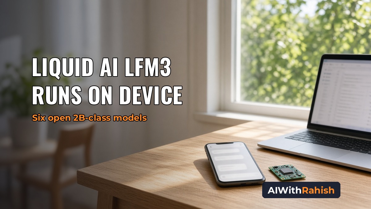 A sunlit room with a smartphone showing a chat app and a small circuit board on a wooden desk beside an open laptop by a window with green trees, with the headline LIQUID AI LFM3 RUNS ON DEVICE, the orange subline Six open 2B-class models, and an AIWithRahish badge in the bottom-right corner