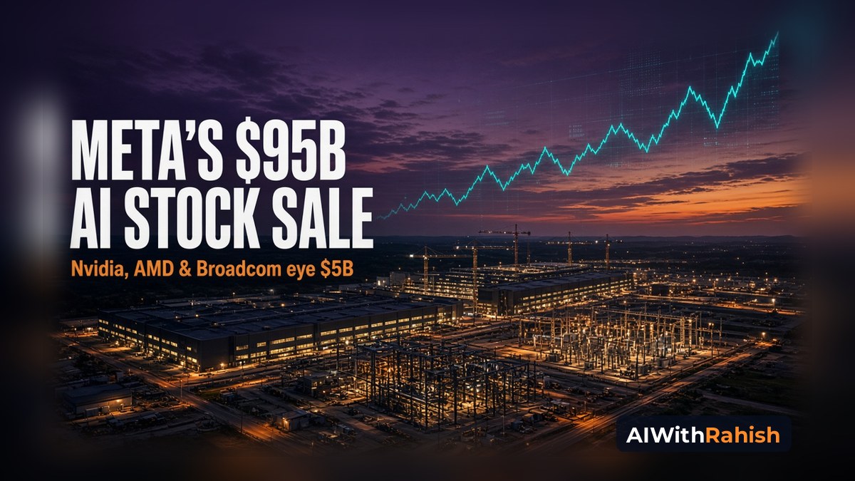 Aerial dusk view of a large AI data-centre campus under construction with cranes and a power substation, a glowing teal stock chart rising in the sky, the white headline META'S $95B AI STOCK SALE with an orange subline Nvidia, AMD & Broadcom eye $5B, and an AIWithRahish badge in the bottom-right corner