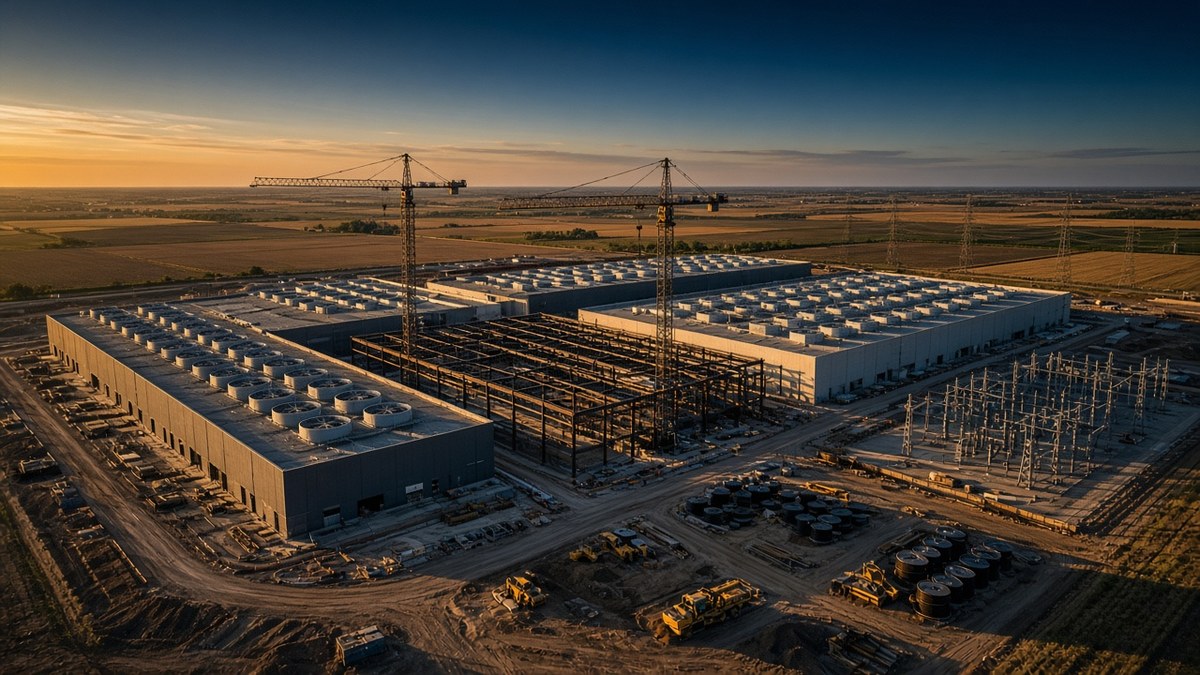 Aerial view at sunset of a large AI data center campus under construction in flat farmland, with finished data halls topped by cooling fans, an open steel-frame hall in the centre, two tower cranes and an electrical substation