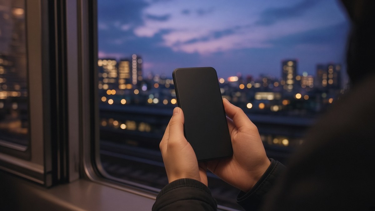 Commuter's hands holding a black smartphone by a train window, with a city skyline lit up at dusk behind