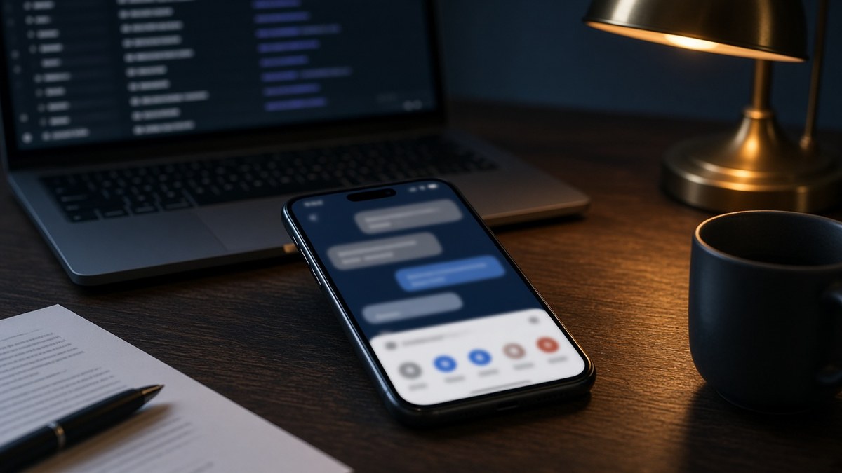 Smartphone on a dark wooden desk showing an AI chat with a share menu open, beside a laptop listing blurred web addresses, a coffee mug, and a pen on paper under a brass lamp
