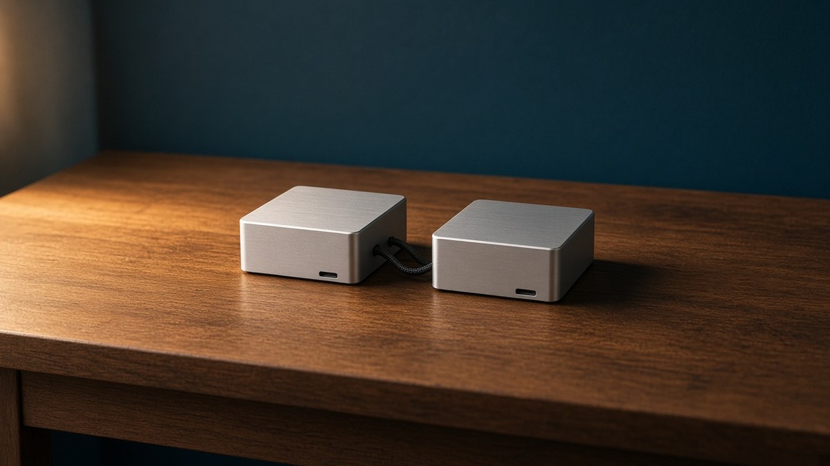 Photo of two compact aluminium desktop computers side by side on a wooden desk, joined by a single cable