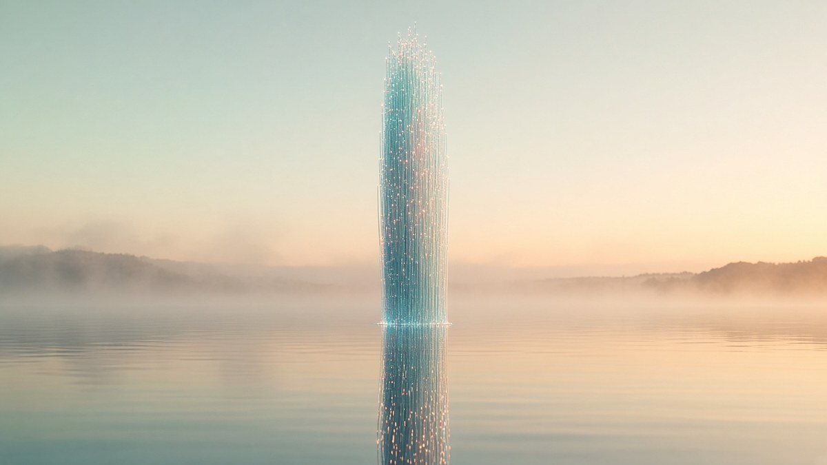 Photo of a tall column of glowing fibre-optic strands rising from a misty lake at sunrise